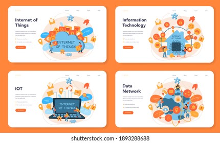 Internet of things web banner or landing page set. Idea of cloud, technology and home. Modern global technology. Connection between devices and house appliances. Isolated flat vector illustration