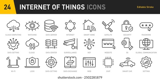 Internet of things web icons in line style. Digital technology, data, network, cloud computing, business, collection. Vector illustration.	