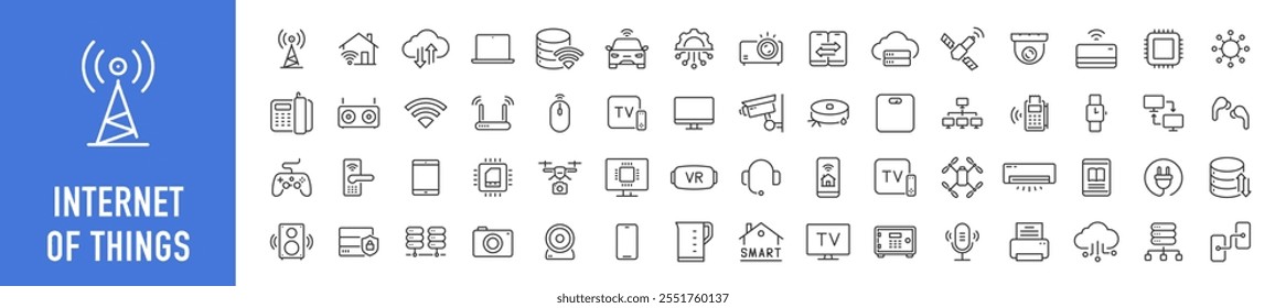 Internet das coisas ícones web em estilo de linha. Tecnologia digital, dados, rede, computação em nuvem, negócios, coleta. Ilustração vetorial.