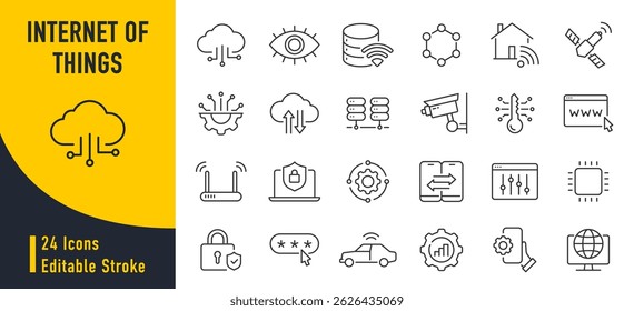 Internet das coisas ícones web em estilo de linha. Tecnologia digital, dados, rede, computação em nuvem, negócios, coleta. Ilustração vetorial.	