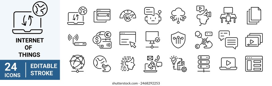 Internet of things web line icons. such as surveillance, sensor, IoT. Artificial Intelligence. Editable stroke. vector illustration