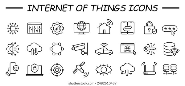 Internet of things web line icons. such as surveillance, sensor, IoT. Artificial Intelligence. Set vector line icons with open path internet of things and smart gadgets. Vector illustration.