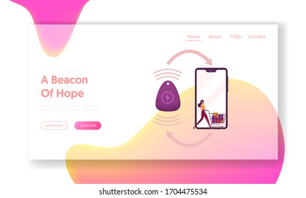 Internet of Things, Wifi Connection for Mobile Phone Landing Page Template. Female Character Push Shopping Trolley on Smartphone Screen with Beacon Technology Connection. Cartoon Vector Illustration