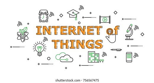 Internet of Things Word with Icon Set in Concept of Innovation Technology . Flat Thin line designed vector illustration on white Background. Editable Stroke.
