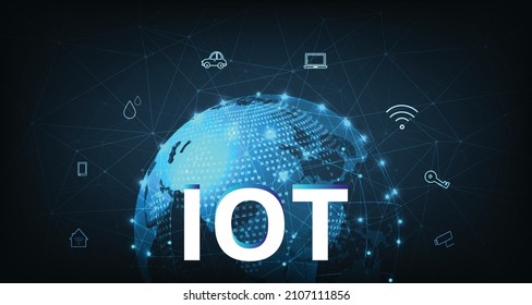 Diseño de concepto de Internet de cosas (IOT).Diseño de IOT.Conexión de red global. Tecnología de la comunicación y concepto de redes de Internet, Conectar dispositivos inalámbricos.Ilustración vectorial.