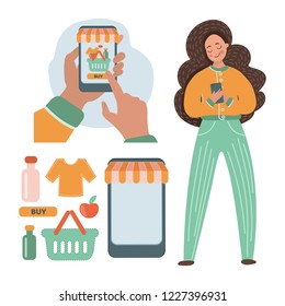 INTERNET TRADE DESIGNER Flat Vector Illustration Set About Online Grocery Store Purchases