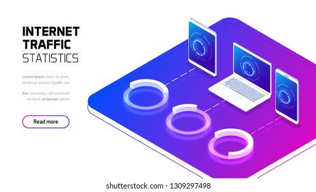 Internet traffic generation statistics with hologram 3d diagrams, device data analysis, isometric infographics futuristic concept illustration