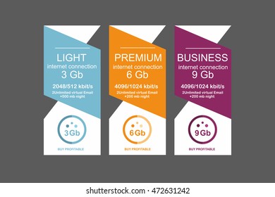 Internet traffic.Set offer tariffs. ui ux vector banner for web app. set pricing table, order, box, button, list with plan for website in flat design