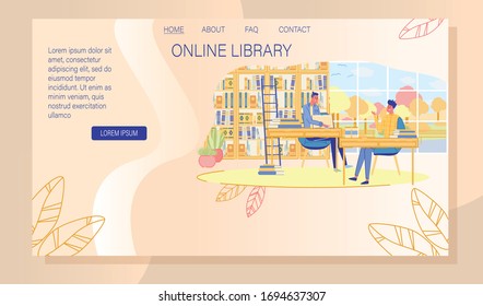 Internet Training and Online Learning Course Landing Page. Electronic Library with E-Book Assortment Access. Distance Class. Necessary Media Information for Development. Vector Illustration