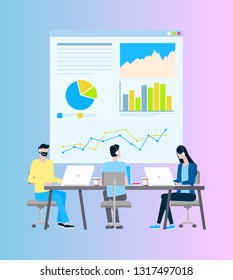 Internet transactions and payments vector, online operators. Men and woman in headset at laptops, desktop with coffee cups and graphics and charts