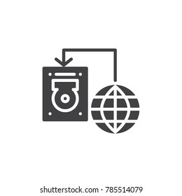 Internet transfer into hard drive disk icon vector, filled flat sign, solid pictogram isolated on white. Data recovery symbol, logo illustration.