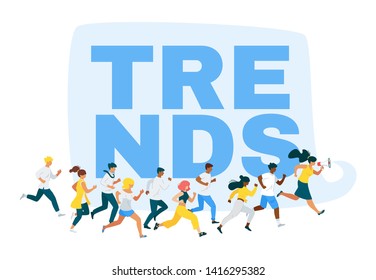 Internet trends chase flat vector web banner template. Future tendency hunting. Digital marketing strategy, promotional campaign. Business analysts running. Leadership, success race
