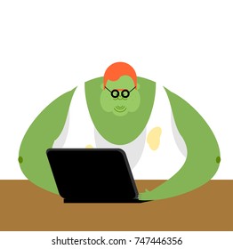 Internet trol. Big green monster and laptop. Vector illustration
