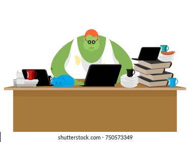 Internet trol. Big green monster and laptop. Vector illustration
