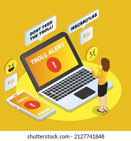Internet troll alert isometric 3d vector concept for banner, website, illustration, landing page, flyer, etc.
