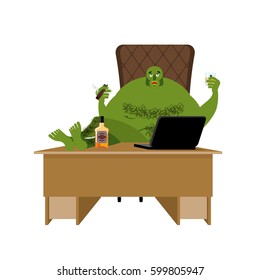 Internet troll. Big green goblin sits at laptop. Org and computer. Green Monster writes comments
