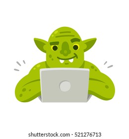 Internet troll with computer. Funny cartoon vector illustration of green goblin typing on laptop.