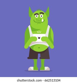 Internet troll concept. Vector illustration of big green orc. It holds a tablet in its hands. His fang sticks out. 