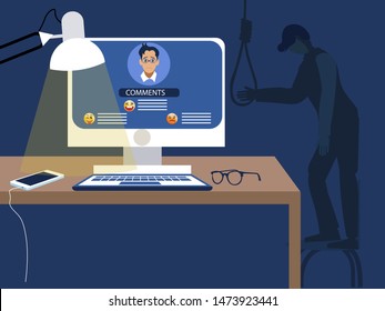 Internet troll. The consequences of the humiliation of social networks, negative reviews lead to suicide. flat vector illustration