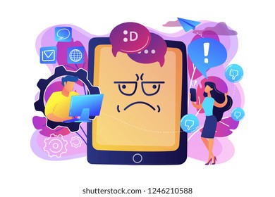 Internet troll quarreling and upsetting user online and tablet with troll face. Internet trolling, digital harassment, internet behaviour concept. Bright vibrant violet vector isolated illustration