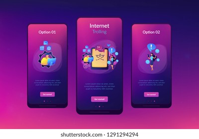 Troll de internet brigas e perturbando o usuário on-line e tablet com cara de troll. Troll na internet, assédio digital, conceito de comportamento na internet. Modelo de interface de usuário móvel UX, wireframe da interface de aplicativo