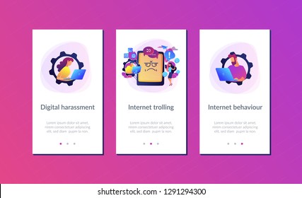 Internet troll quarreling and upsetting user online and tablet with troll face. Internet trolling, digital harassment, internet behaviour concept. Mobile UI UX GUI template, app interface wireframe