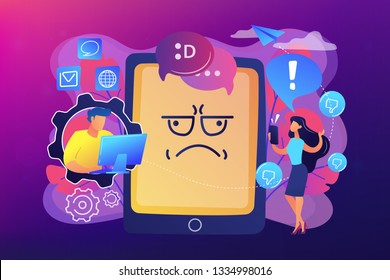 Internet troll quarreling and upsetting user online and tablet with troll face. Internet trolling, digital harassment, internet behaviour concept. Bright vibrant violet vector isolated illustration