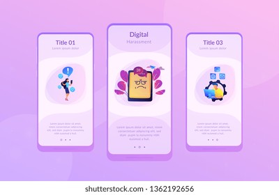 Internet troll quarreling and upsetting user online and tablet with troll face. Internet trolling, digital harassment, internet behaviour concept. Mobile UI UX GUI template, app interface wireframe