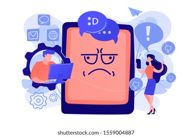 Internet troll quarreling and upsetting user online and tablet with troll face. Internet trolling, digital harassment, internet behaviour concept. Pinkish coral bluevector isolated illustration