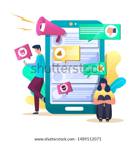 Internet trolling concept vector illustration. Huge smartphone with bad comments, dislikes, tiny characters upset girl, couple quarreling in chat. Offensive provocative online posting, cyberbullying.