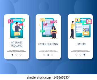 Internet-Trollen, Cyberbullying, Haters mobile App-Onboarding-Bildschirme. Menübanner-Vektorvorlage für die Website- und Anwendungsentwicklung. Digitale Belästigung, Mobbing, Online-Verhöhnung.