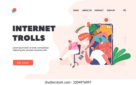 Internet Trolls Landing Page Template. Bullying in Social Media, Bulling Abuse and Harassment Concept. Female Character Sitting with Frightened Face at Smartphone. Cartoon People Vector Illustration