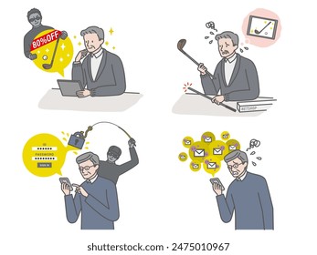 Internet trouble: Senior man victim illustration set