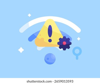 Um conceito de solução de problemas da Internet. Resolução de problemas de rede. Ilustração de um símbolo de sinal Wi-Fi com um sinal de aviso e engrenagens. Sem Internet Wi-Fi ou erro de Wi-Fi. Design de estilo plano. Fundo azul