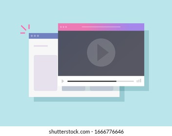 Internet tutorial video online player in website window or movie watch web service vector flat cartoon, illustration of video player in computer browser streaming film or multimedia modern design
