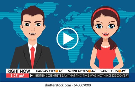 Internet TV breaking news male in a coat & female in red dress from a studio