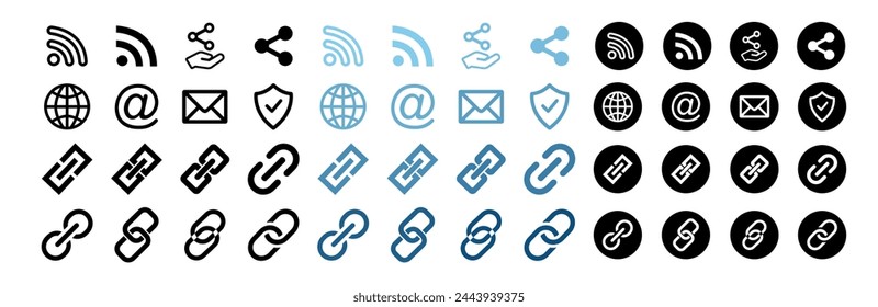 Iconos de vínculo URL de Internet o URL de página web establecidos. Vínculo, vínculo compartido, vínculo externo, base de datos, conjunto de iconos. Iconos de URL. Icono inalámbrico y wifi. Símbolo de señal Wi-Fi