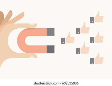 Internet user attracting thumbs up icons holding abstract magnet. Idea - Social networking, article feedback and appreciation, online relationships and messaging concepts.