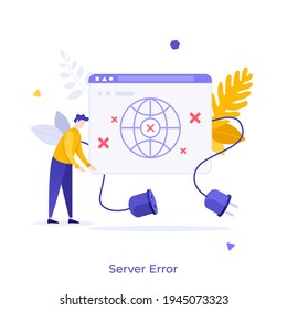 Internet user and browser window with plug pulled out of socket. Concept of server error, website is unavailable, web page under maintenance, access denied. Modern flat colorful vector illustration.