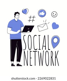 Internet-User-Charakter im sozialen Netzwerk. Konzept von Online-Nachrichten, Surfen im Internet, Suchen und Teilen von Informationen. Schnittstellensymbole. Vektorflache Cartoon-Illustration.