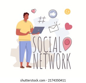 Internet user concept and interface icons. Young man with laptop for social media communication, blogging, work, study. Vector characters flat cartoon illustration.