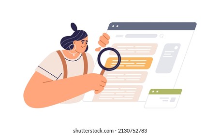 Internet user during online search of data, information. Web analysis and CEO concept. Person checking, analyzing SERPs with magnifying glass. Flat vector illustration isolated on white background
