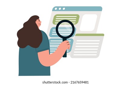 Internet user during online search of data, information. Web analysis and CEO concept. Person checking, analyzing SERPs with magnifying glass. Flat vector illustration isolated on white background.