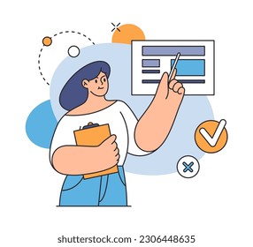 Usuario de Internet durante la búsqueda en línea de datos, verificación de información. Análisis web y concepto de CEO. Mujer con verificación de carpetas, análisis in situ, ilustración vectorial de dibujos animados planos