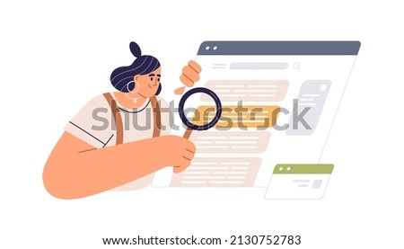 Internet user during online search of data, information. Web analysis and CEO concept. Person checking, analyzing SERPs with magnifying glass. Flat vector illustration isolated on white background
