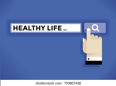 Icono de cursor de la mano del usuario de Internet que encuentra información sobre la vida saludable en Internet. Idea - Vida sana, dieta, vegetarianismo, cuidado corporal, deporte y fitness etc.