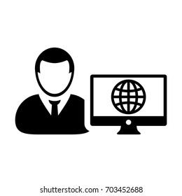 Internet User Icon Vector Person With Computer Monitor and Global Network in Glyph Pictogram Man Avatar Symbol illustration