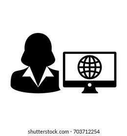 Internet User Icon Vector Person With Computer Monitor and Global Network in Glyph Pictogram Woman Avatar Symbol illustration