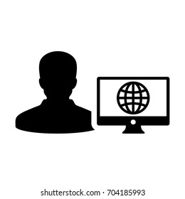Internet User Icon Vector Person With Computer Monitor and Global Network in Glyph Pictogram Man Avatar Symbol illustration