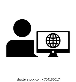 Internet User Icon Vector Person With Computer Monitor and Global Network in Glyph Pictogram Man Avatar Symbol illustration